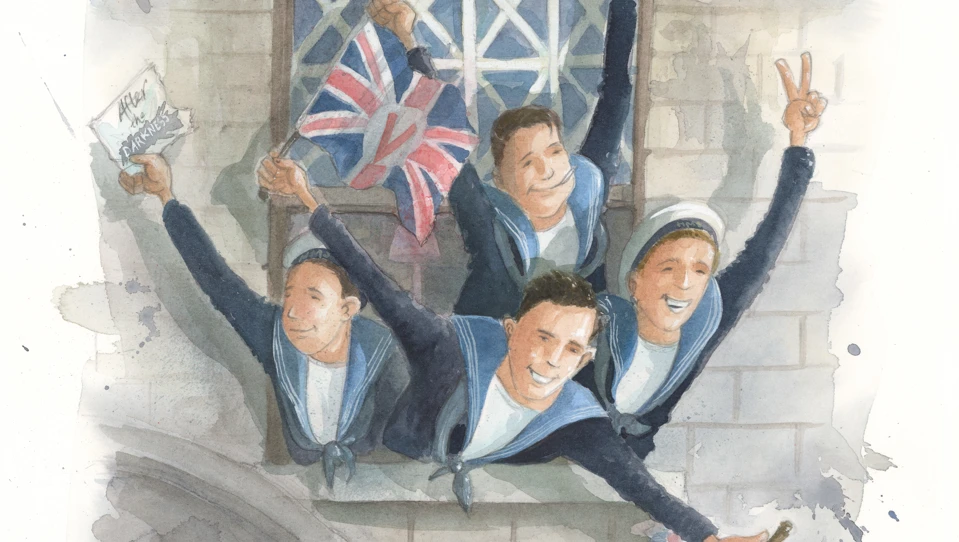 An illustration of Royal Navy stoker Ken waving a Union Jack flag out of a window with three other men