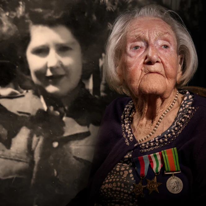A black and white photo of Joan while in service, edited beside a picture of blind veteran Joan today