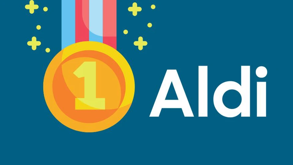 A gold medal with '1' on it with text 'Aldi'