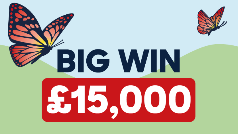 2026 Spring BIG WIN Raffle with pastel hills and two butterflies with text reading BIG WIN £15,000