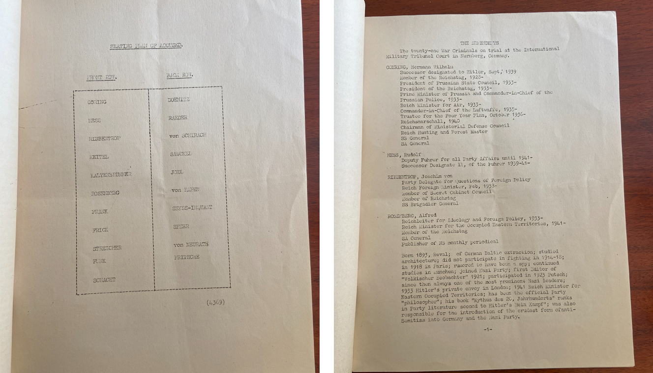 Nuremberg Booklet page laying out the seating plan of accused and a page with a list of the defendants