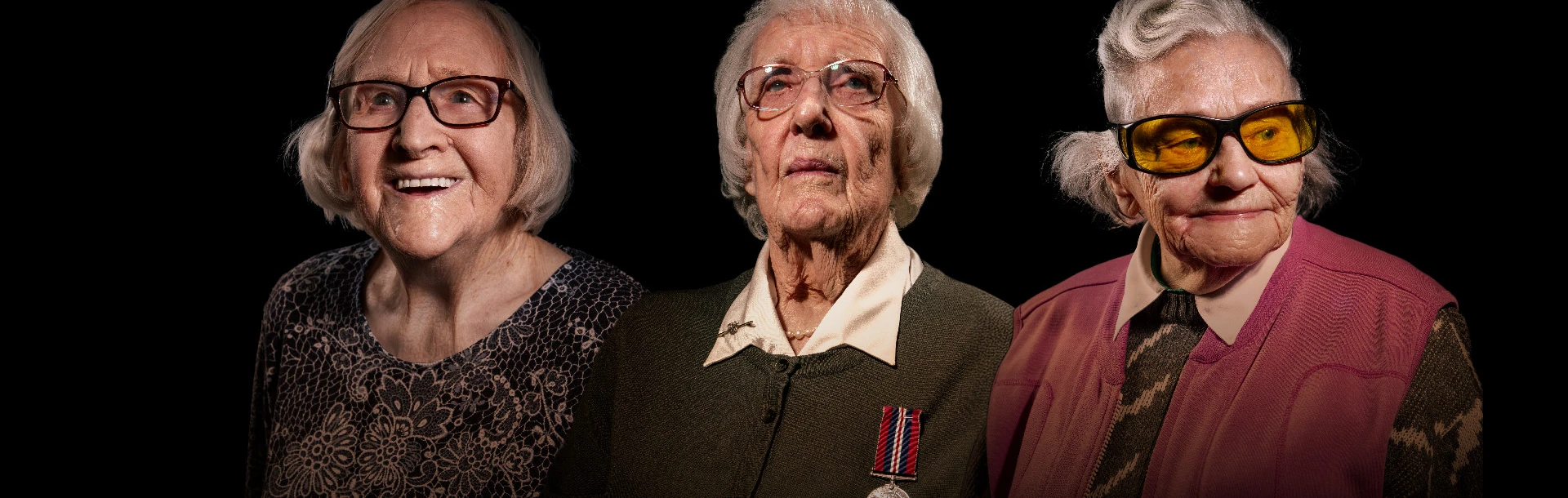 Three blind veterans Neena, Joan, and Ruth edited beside each other on a black background