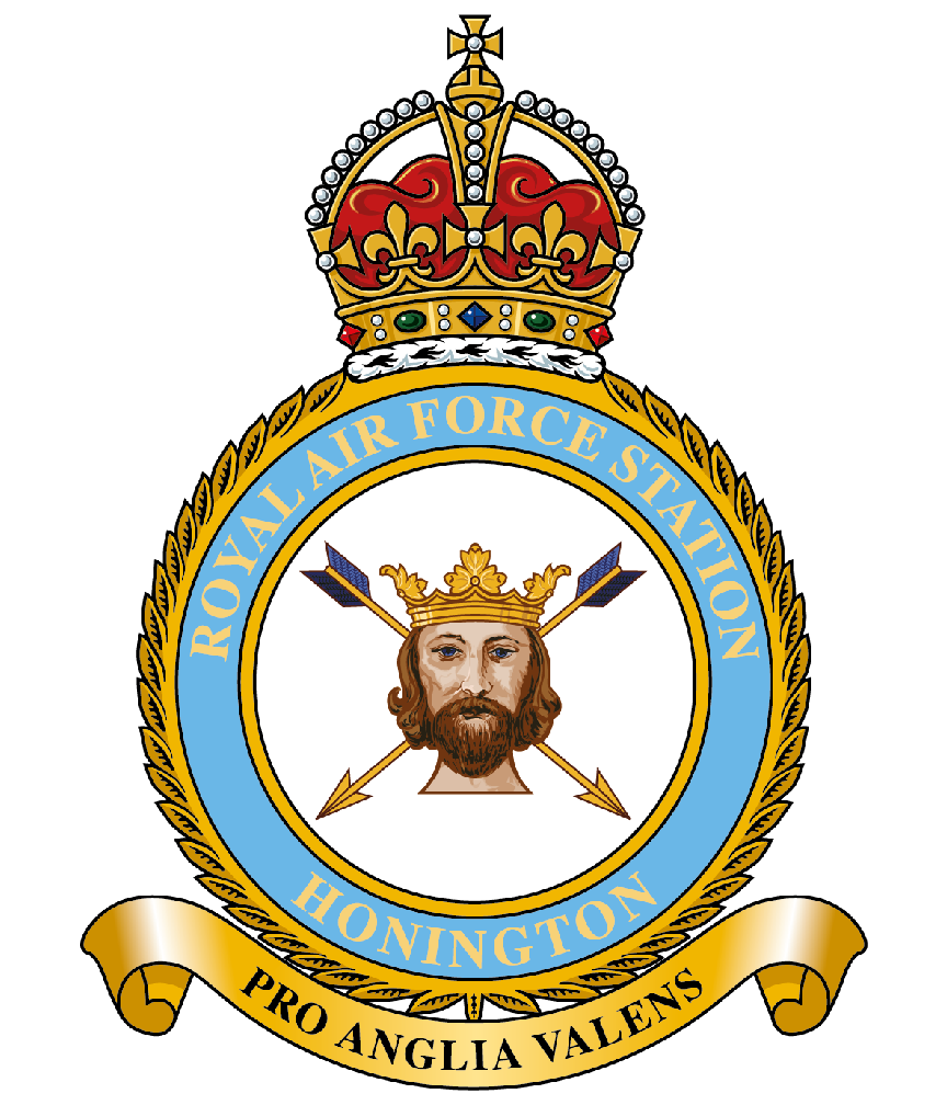 A picture of two arrows behind a king with the words 'Royal Air Force Station Honington'