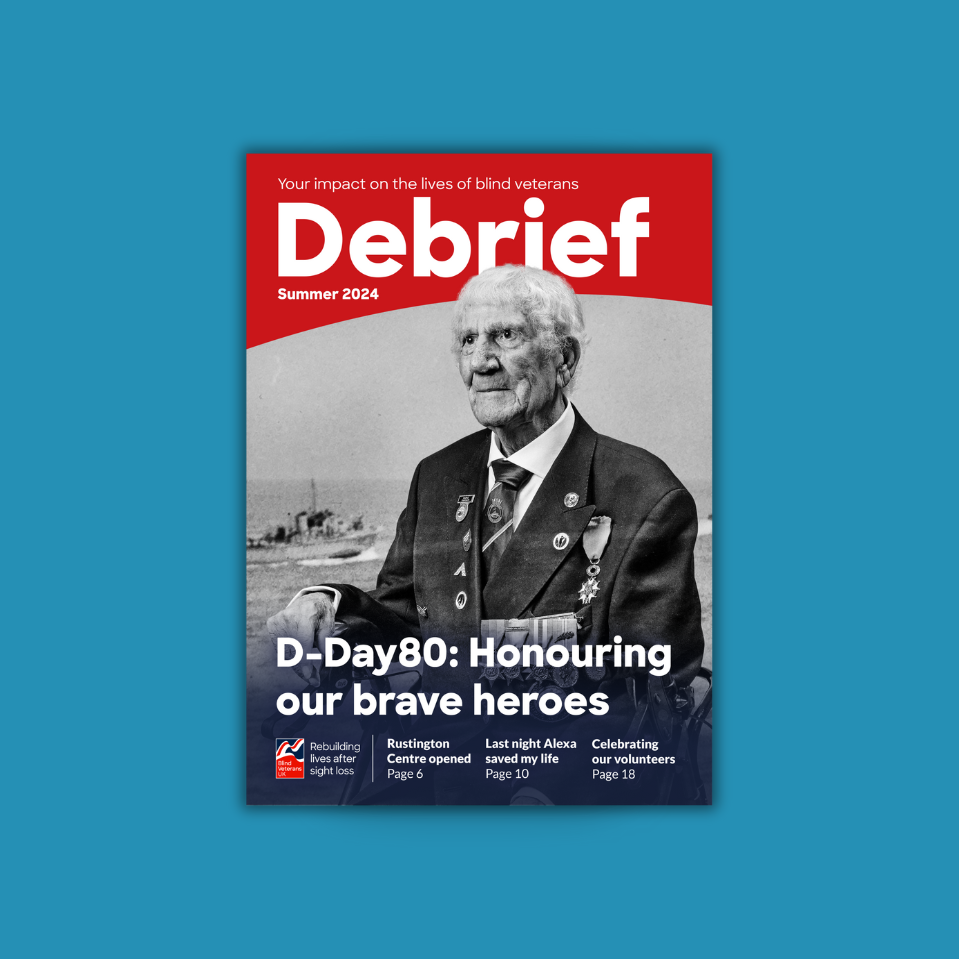 Supporter magazine front cover, with title "D-Day80: Honouring our brave heroes" and a portrait photograph of a D-Day blind veteran