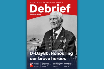 Supporter magazine front cover, with title "D-Day80: Honouring our brave heroes" and a portrait photograph of a D-Day blind veteran