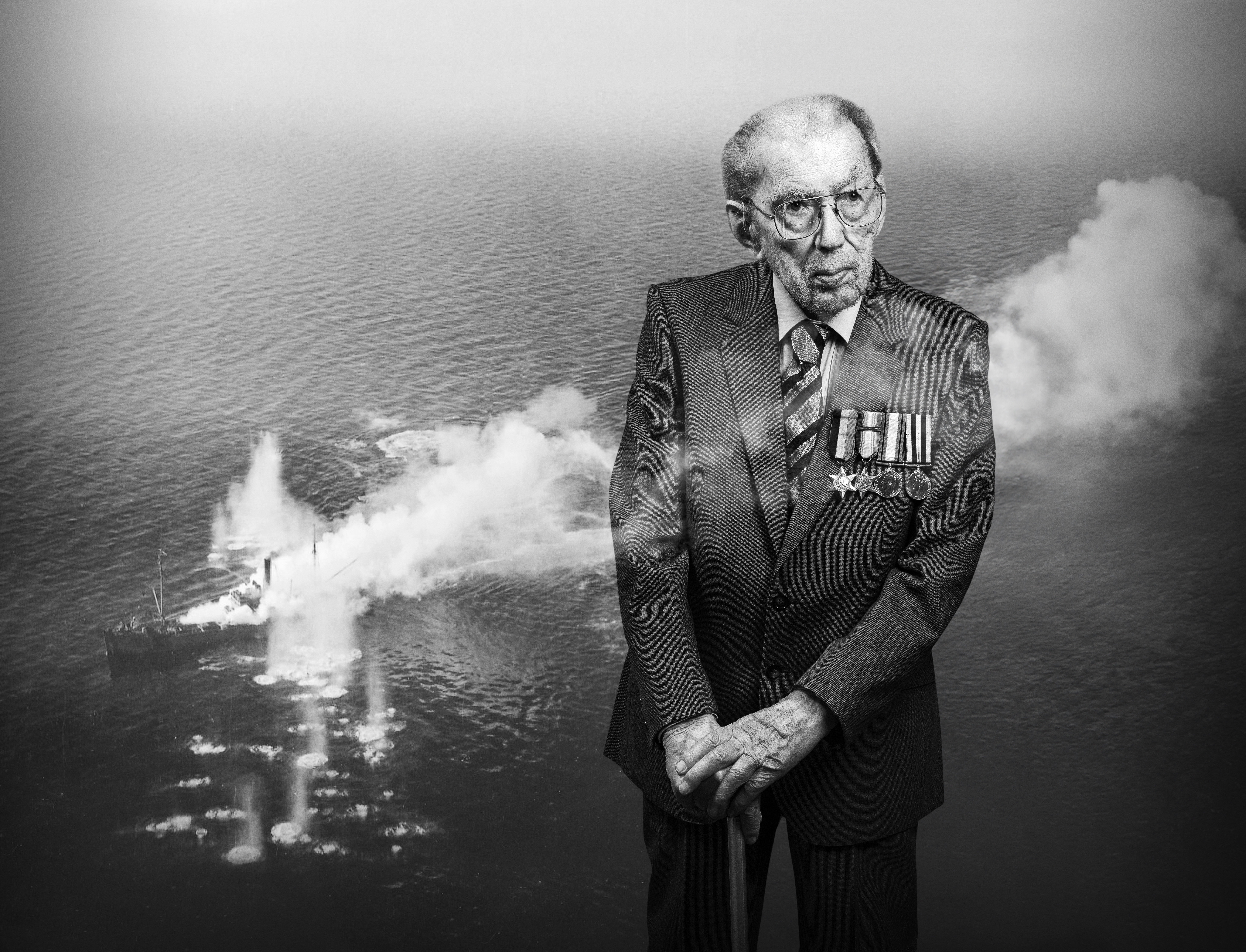 A black and white portrait of blind veteran John, overlaid on a scene from the Second World War