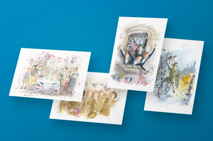 Postcards featuring illustrations of blind veterans designed by artist Martin Impey