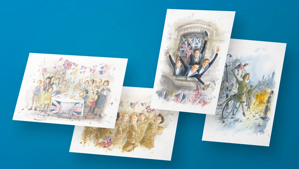 Postcards featuring illustrations of blind veterans designed by artist Martin Impey