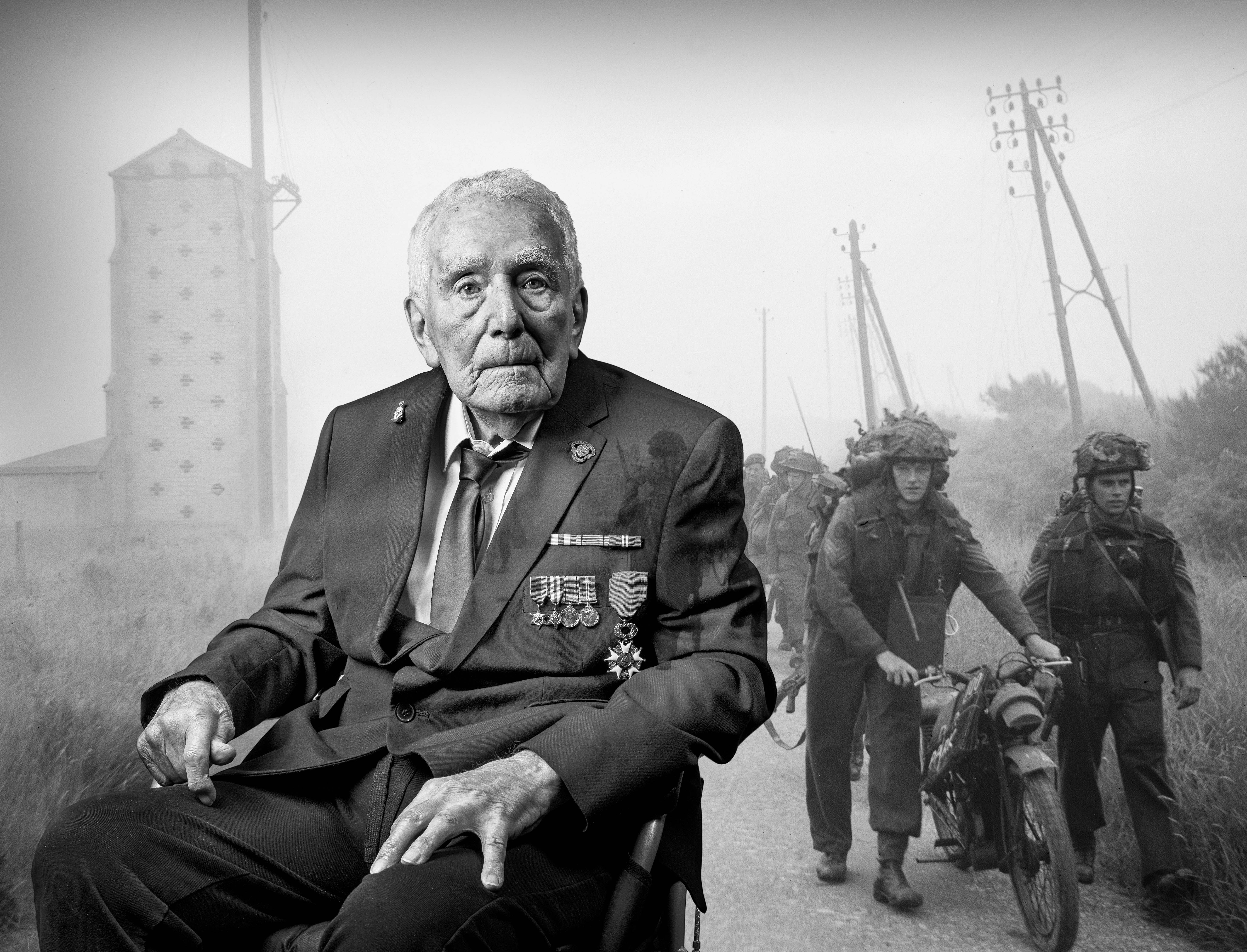 A black and white portrait of blind veteran Bill, overlaid on an scene from D-Day