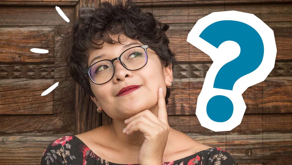 A woman thinking with a question mark icon beside her