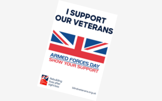 Image of the downloadable poster with the words 'I Support Our Veterans' and the logos of Blind Veterans UK and National Armed Forces Day.