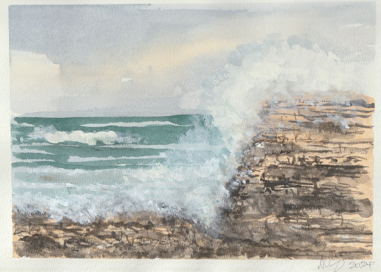 A painting by a blind veteran of a wave hitting a coastline