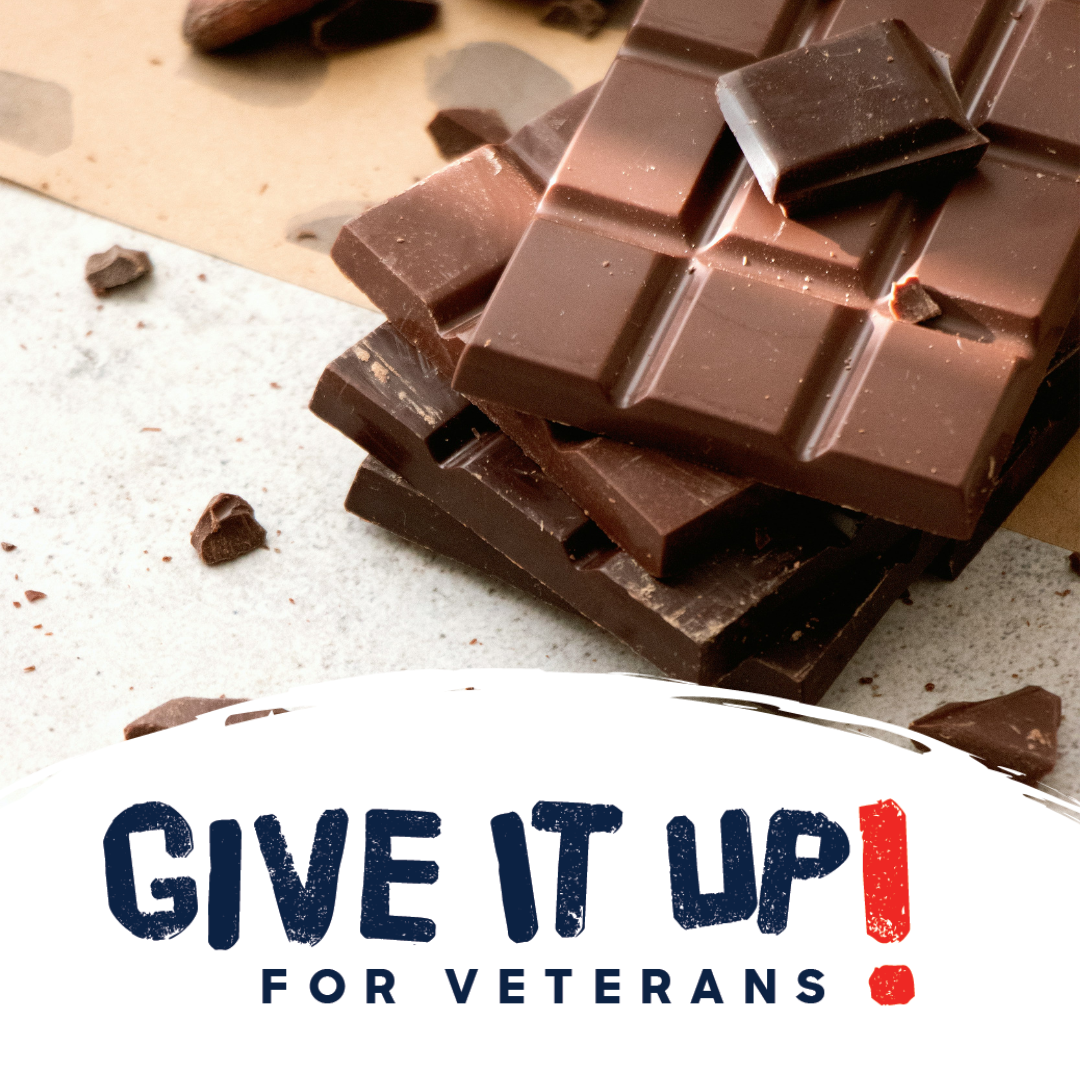 Image of chocolate with the 'Give it Up for Veterans' logo over-layed.