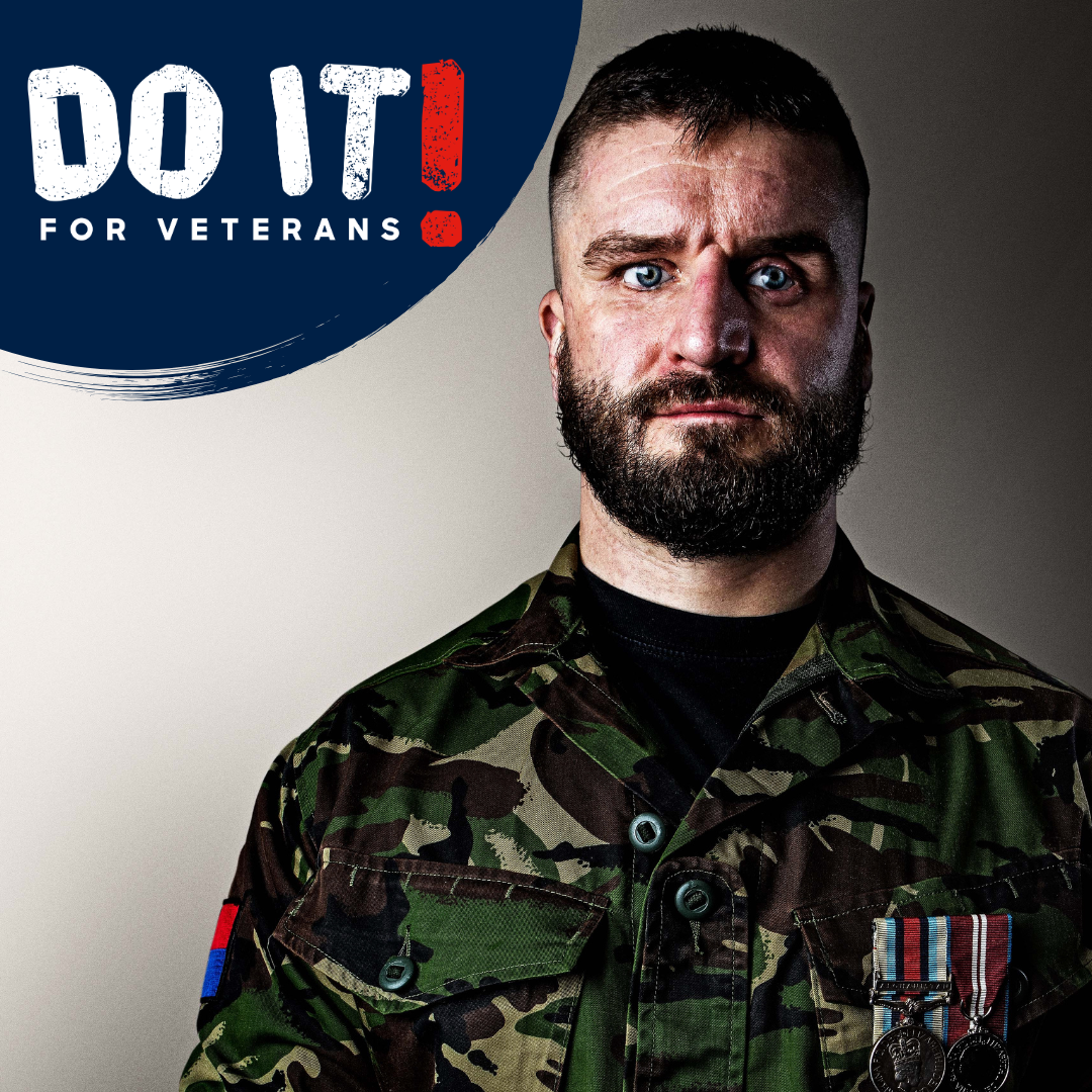 Blind veteran Rob in his uniform with the words 'Do it for veterans!' in the top left corner of the image.
