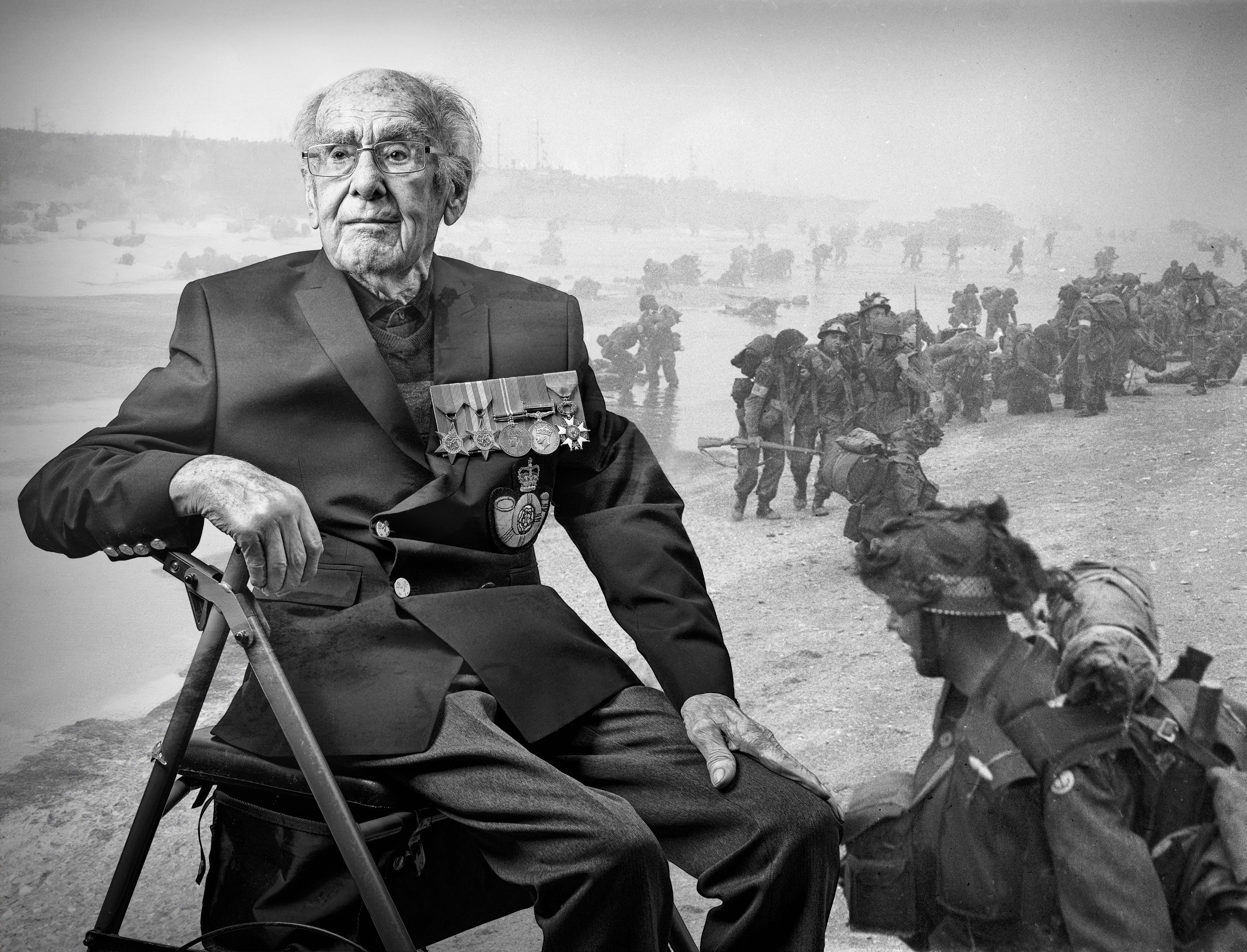 A black and white portrait of blind veteran Harry, overlaid on a scene from D-Day