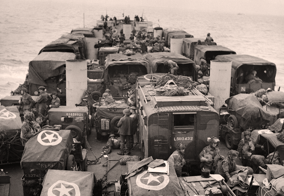 British forces troops and vehicles aboard an LCT during the invasion of Normandy