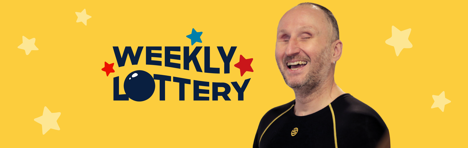 The weekly lottery logo alongside a photo of blind veteran Mark