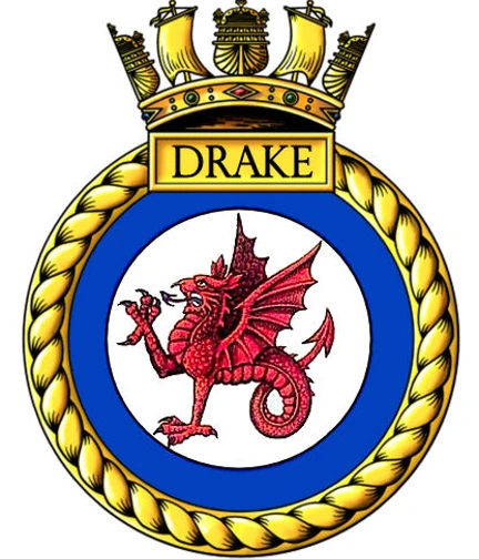 A picture of a badge with a red dragon and the words Drake