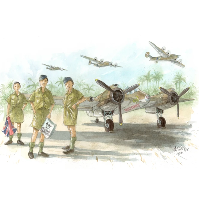 A hand-painted illustration by military artist Martin Impey showing three RAF airmen in tropical uniforms standing in front of a twin-engine aircraft named “Victory” with palm trees in the background. Two more aircraft fly overhead. The scene represents D-Day and Burma veteran Douglas and his service in the Far East during the Second World War.