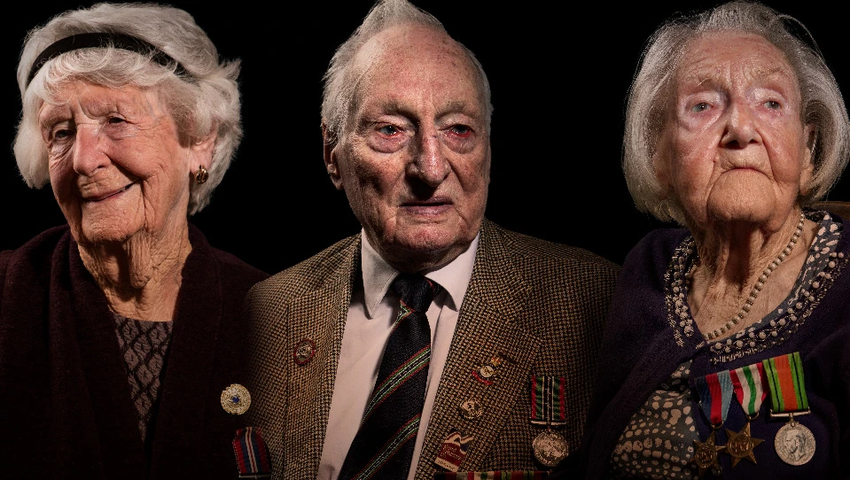 Three blind veterans Alice, Derrick and Joan edited beside each other on a black background