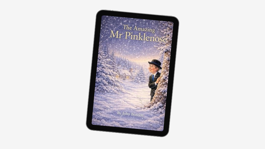 Tablet displaying the book cover “The Amazing Mr Pinklenose” by John Bennett.