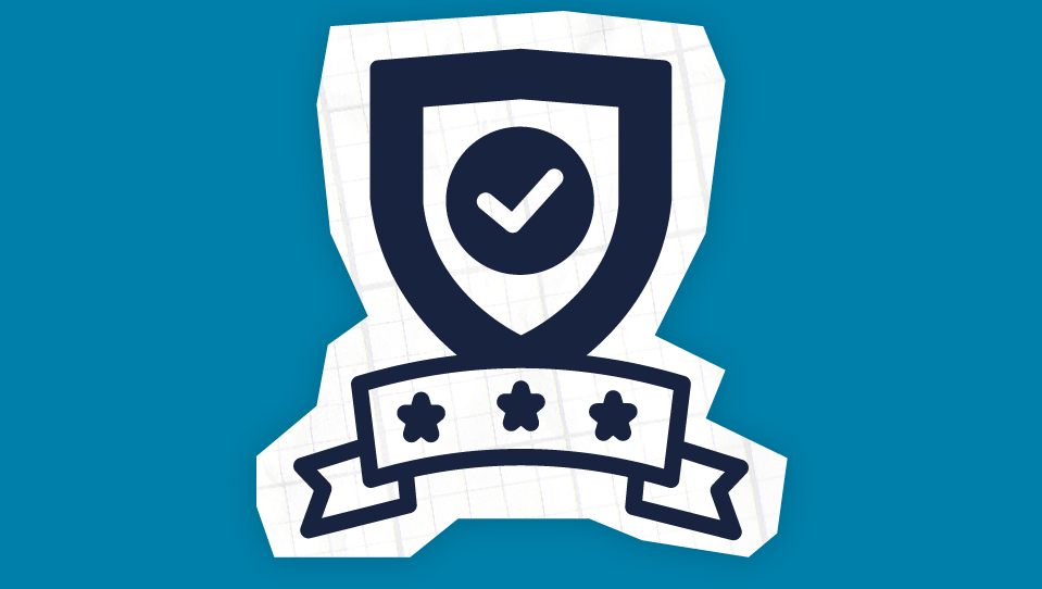 An icon of an emblem with a tick and a ribbon with 3 stars on it.
