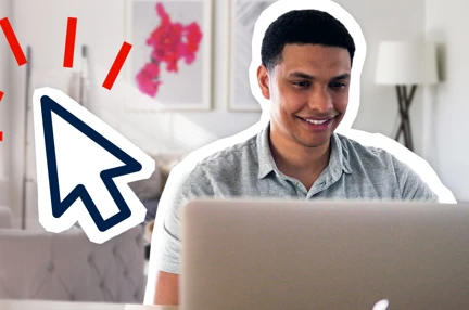 A man sitting at a desk, using a laptop. A graphic mouse cursor icon is placed next to him.