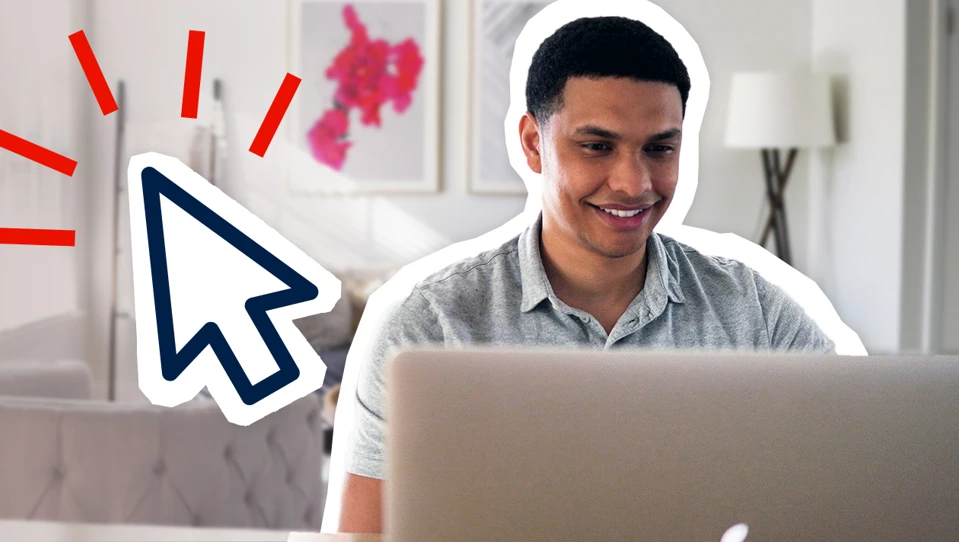 A man sitting at a desk, using a laptop. A graphic mouse cursor icon is placed next to him.