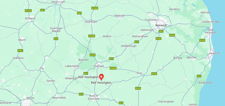A picture of a map showing the location of the RAF Honington dinner near Norwich