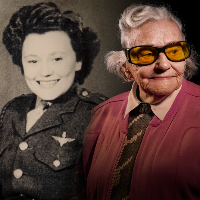 A black and white photo of Neena while in service, edited beside a picture of blind veteran Neena today