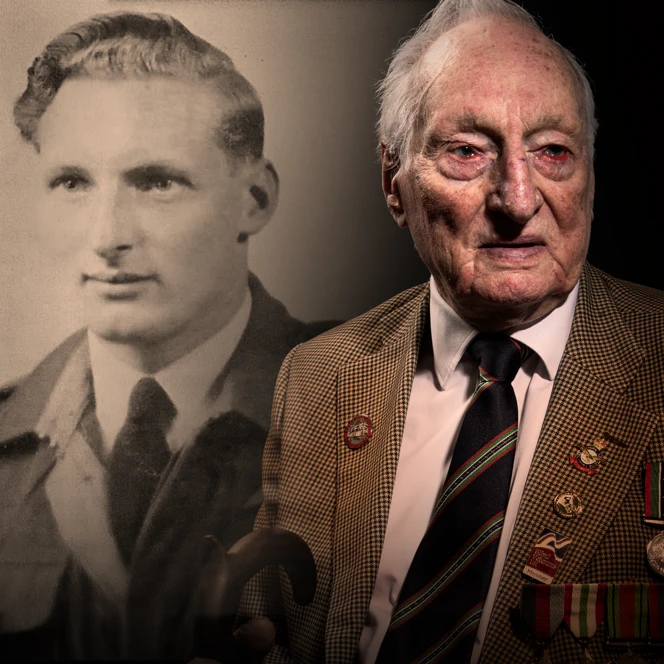 A black and white photo of Derrick while in service, edited beside a picture of blind veteran Derrick today