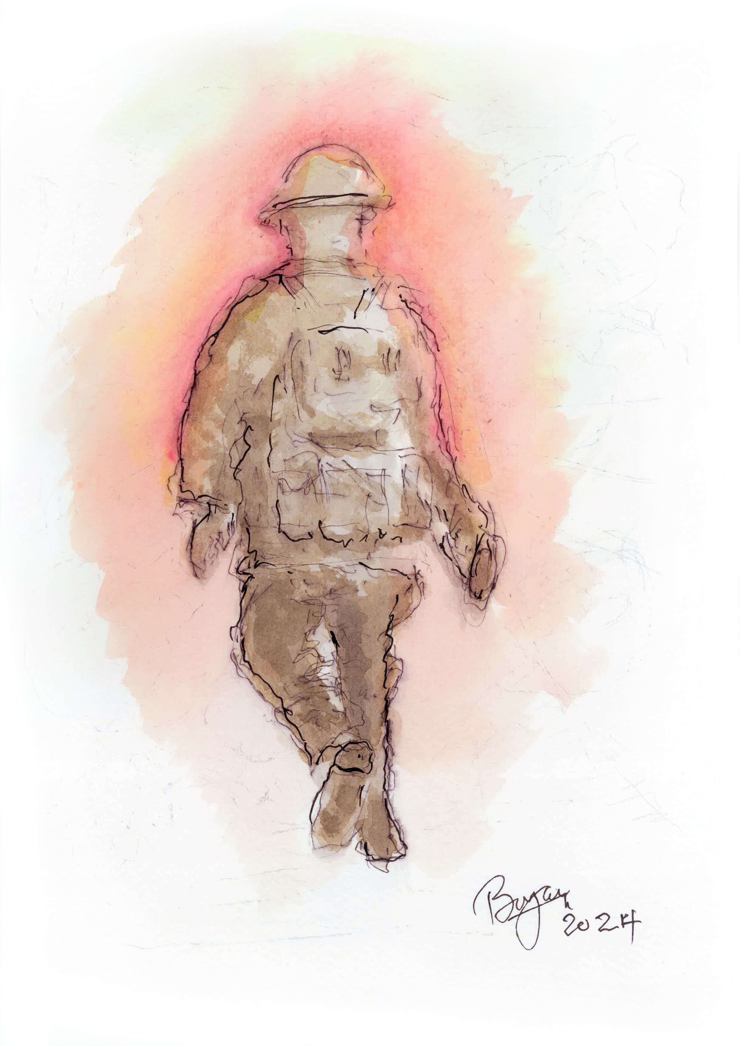 A watercolour painting using a soft pallet of brown, orange and red showing a soldier walking away