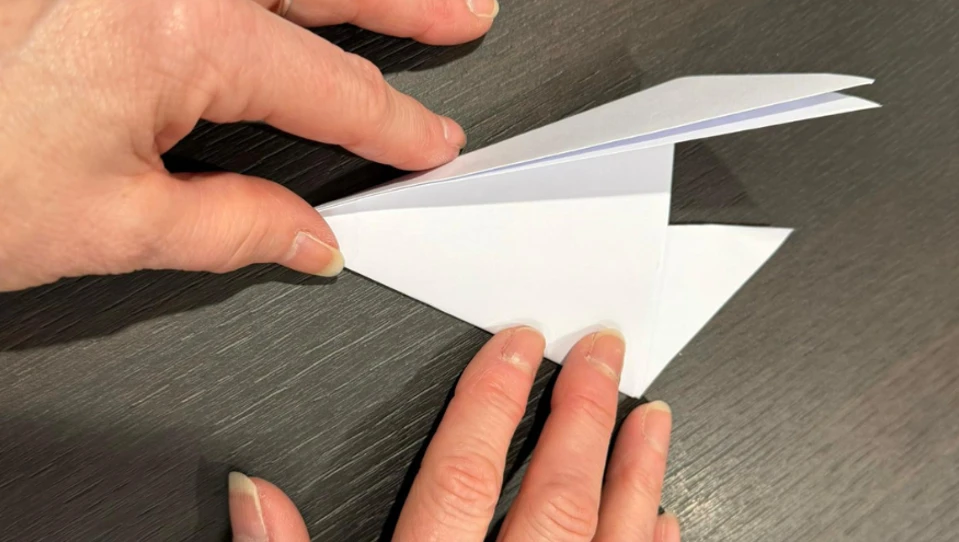 The image shows a person folding one side of a small paper triangle inward by approximately one-third of the way. Their fingers are carefully holding the paper in place while shaping the fold, preparing to repeat the same on the other side.