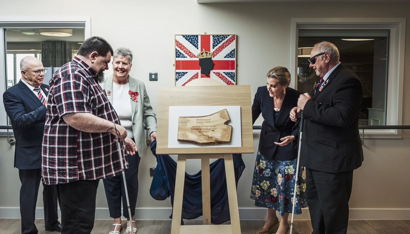 HRH The Duchess Of Edinburgh Unveiling The Plaque Alongside Blind Veterans Gary And Peter