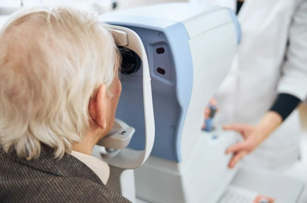 A photo of an elderly man with white hair looking into a non-contact tonometer (NCT)