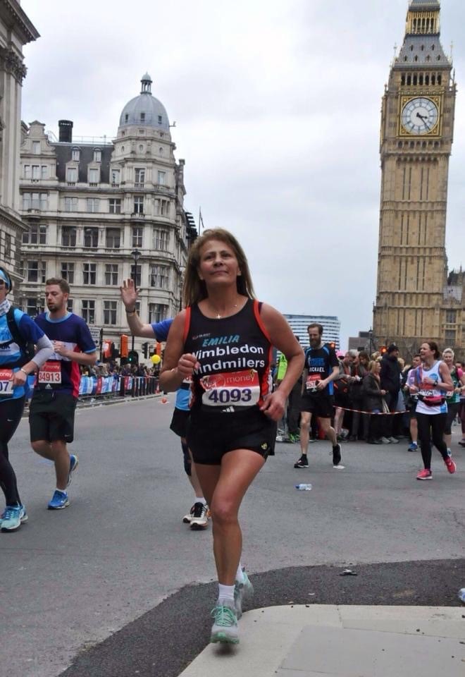 Emilia running passed Big Ben during a previous London Marathon