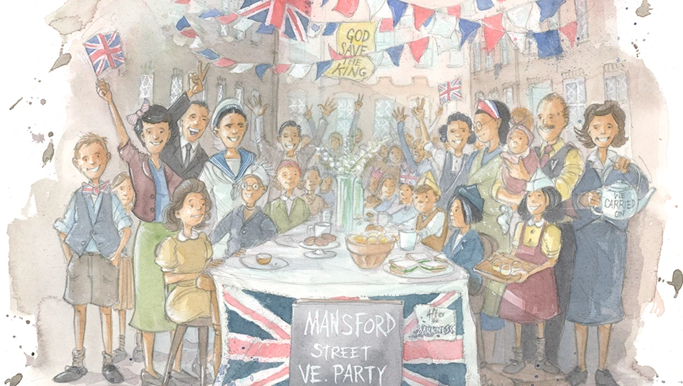 An illustration of D-Day veteran Thomas at a VE Day party on Mansford street