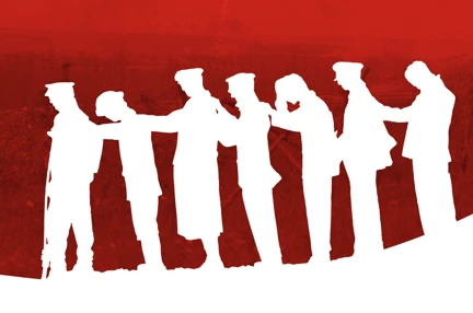 To the left, a portrait of blind veteran Mike in uniform, against a faded red back drop of battle field. To the right a white silhouette of blinded World War One soldiers leading themselves hand to shoulder from the battle field.