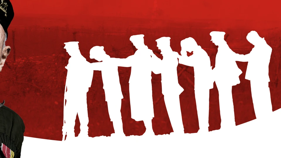 To the left, a portrait of blind veteran Mike in uniform, against a faded red back drop of battle field. To the right a white silhouette of blinded World War One soldiers leading themselves hand to shoulder from the battle field.