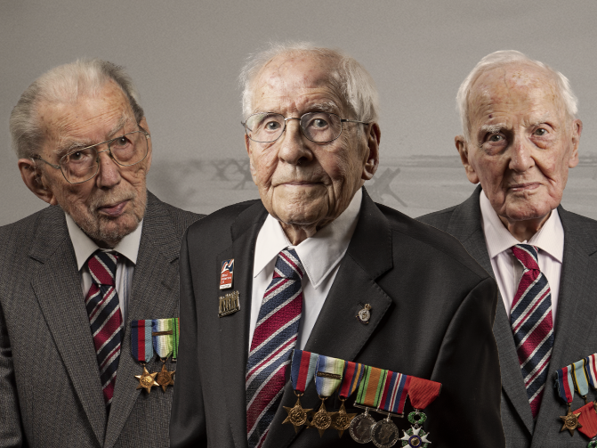 Blind veterans John, Thomas, and Syd edited together over a sepia background of a beach on D Day.