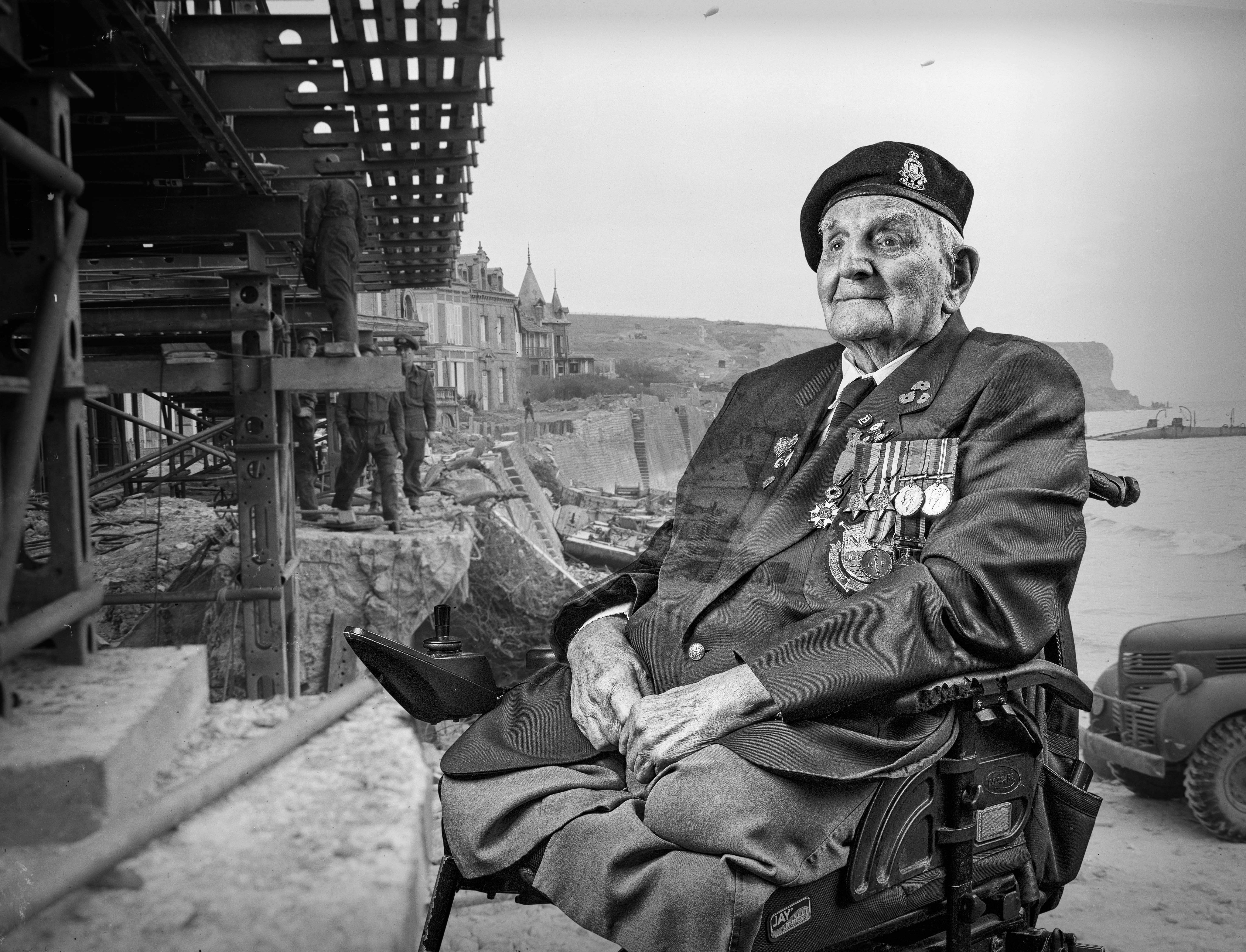 A black and white portrait of blind veteran Raymond, overlaid on a scene from D-Day