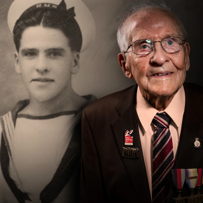 A black and white photo of Thomas while in service, edited beside a picture of blind veteran Thomas today