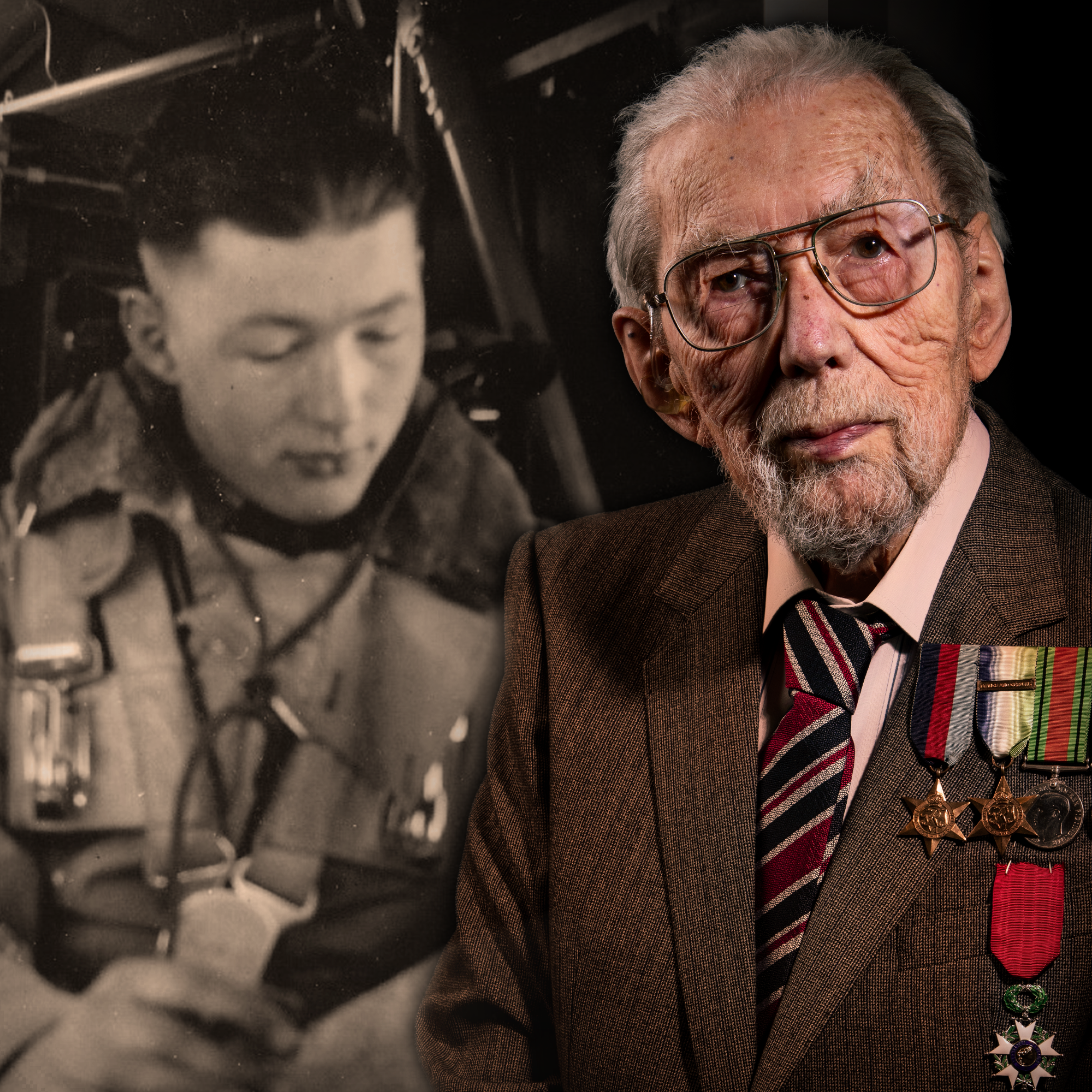 A black and white photograph of John, seated inside an aircraft. Edited beside a photo of John today in a suit and medals