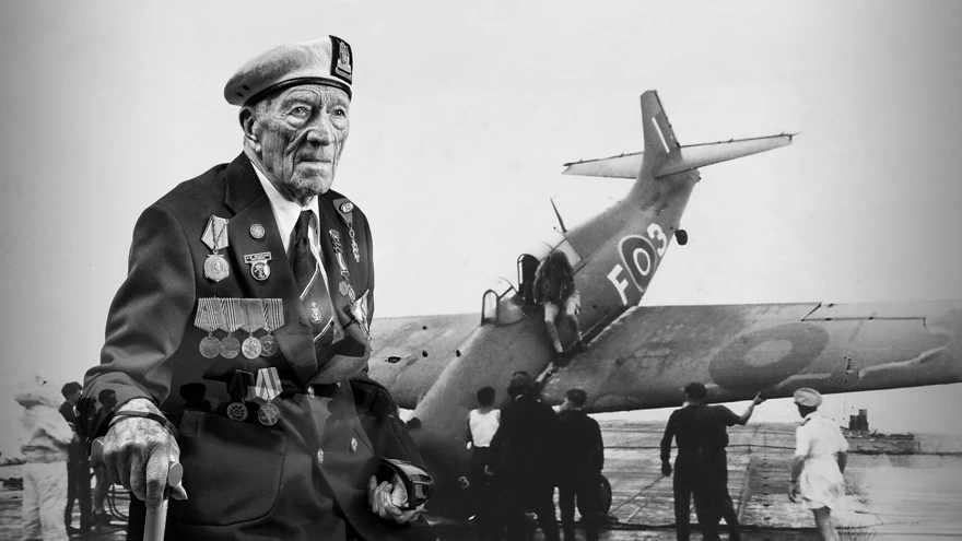 A black and white portrait of blind veteran Alec, overlaid on a scene from D-Day