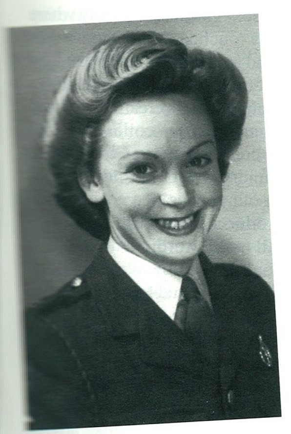 A black and white head and shoulders image of Evelyn in uniform