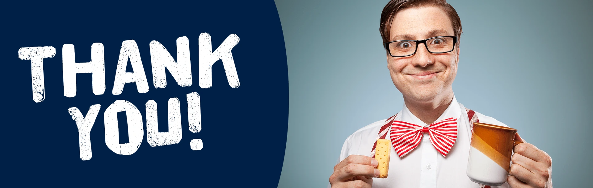 Graphic saying thank you, showing a man with tea and a biscuit