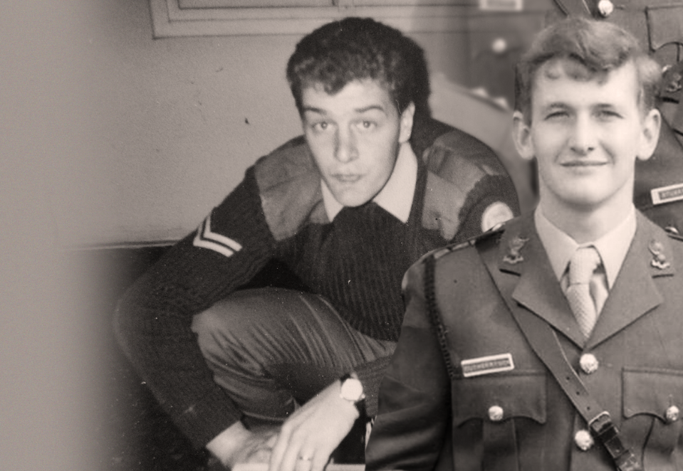 Image featuring two black and white images of blind veterans Steve (left) and Jamie (right) when they were in service
