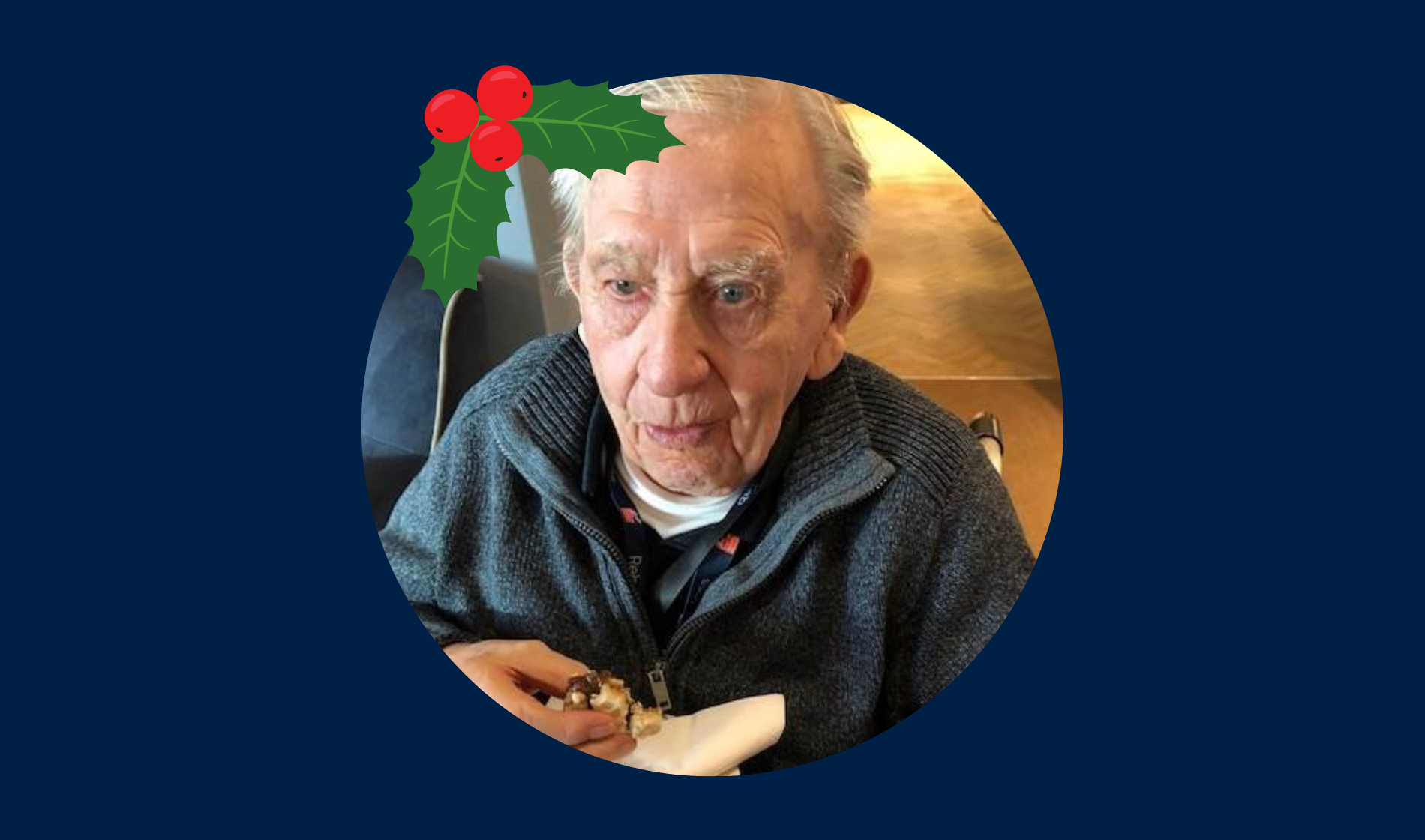 Blind veteran Jim eating a mince pie, detailed with an illustration of holly.