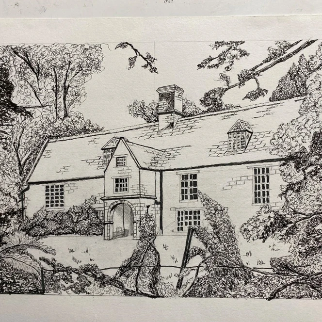 A detailed line drawing of a large country house, with multiple windows, an arched doorway and nestled among mature trees.
