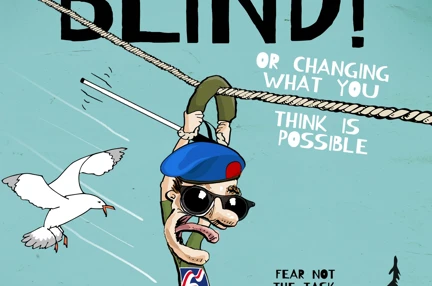 Front cover of Winging It Blind, featuring a cartoon man abseiling in a Blind Veterans UK T-shirt. Text reads: Winging It Blind, or changing what you think is possible, fear not the task, celebrate what you have already achieved.